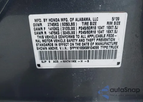 2009 Honda Ridgeline Rtl из США, поврежденный, VIN 5FPYK165X9B104099